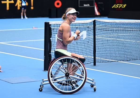 TENNIS AUSTRALIAN OPEN, Diede De Groot of Netherlands reacts after winning the womens wheelchair singles final against Yui Kamiji of Japan on Day 14 of the 2024 Australian Open at Melbourne Park in Melbourne, Saturday, January 27, 2024. ( NO ARCHIVING, EDITORIAL USE ONLY, NO USE IN BOOKS WITHOUT CONSENT MELBOURNE VICTORIA AUSTRALIA  Copyright: xJOELxCARRETTx 20240127001894157355