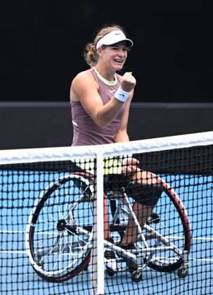 TENNIS AUSTRALIAN OPEN, Diede De Groot of Netherlands reacts after winning the womens wheelchair singles final against Yui Kamiji of Japan on Day 14 of the 2024 Australian Open at Melbourne Park in Melbourne, Saturday, January 27, 2024. ( NO ARCHIVING, EDITORIAL USE ONLY, NO USE IN BOOKS WITHOUT CONSENT MELBOURNE VICTORIA AUSTRALIA  Copyright: xJOELxCARRETTx 20240127001894158298