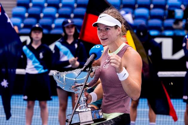 MELBOURNE, VIC - JANUARY 27: Diede se Grout of the Netherlands holds her trophy after winning the finals of the wheelchair event in the 2024 Australian Open on January 27 2024, at Melbourne Park in Melbourne, Australia. (Photo by Jason Heidrich Icon Sportswire) TENNIS: JAN 27 Australian Open EDITORIAL USE ONLY Icon240127002