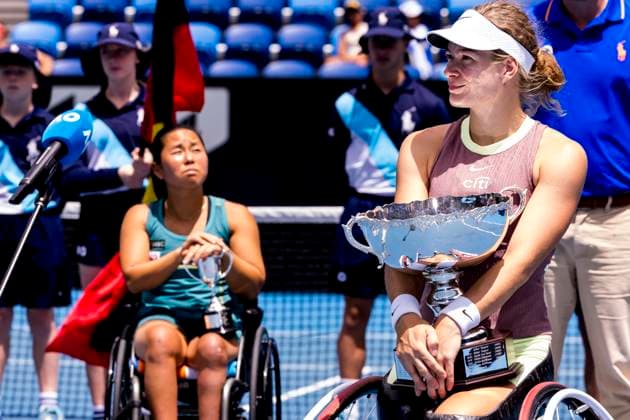 MELBOURNE, VIC - JANUARY 27: Diede se Grout of the Netherlands and Yui Kamiji of Japan hold their trophies after the finals of the wheelchair event in the 2024 Australian Open on January 27 2024, at Melbourne Park in Melbourne, Australia. (Photo by Jason Heidrich Icon Sportswire) TENNIS: JAN 27 Australian Open EDITORIAL USE ONLY Icon240127003