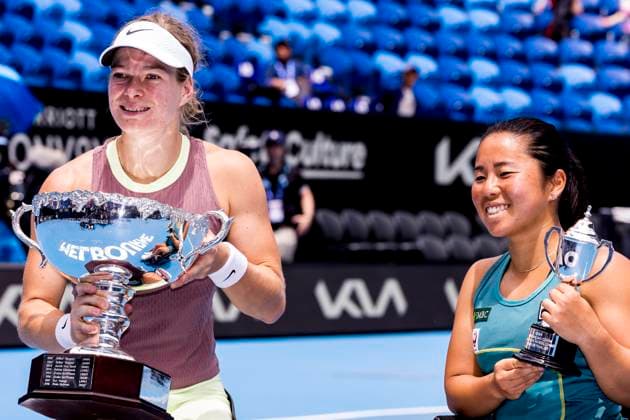 MELBOURNE, VIC - JANUARY 27: Diede se Grout of the Netherlands and Yui Kamiji of Japan hold their trophies after the finals of the wheelchair event in the 2024 Australian Open on January 27 2024, at Melbourne Park in Melbourne, Australia. (Photo by Jason Heidrich Icon Sportswire) TENNIS: JAN 27 Australian Open EDITORIAL USE ONLY Icon240127004