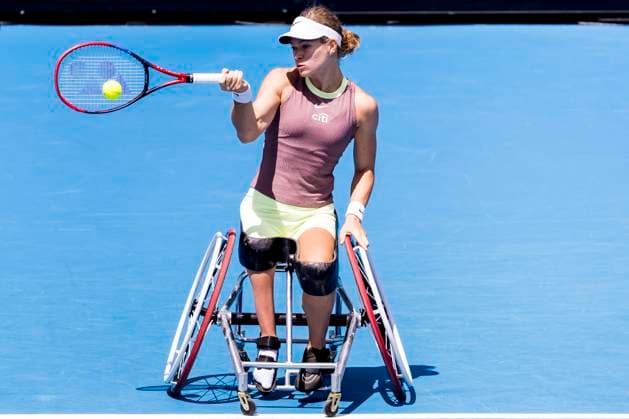 MELBOURNE, VIC - JANUARY 27: Diede se Grout of the Netherlands in action during the finals of the wheelchair event in the 2024 Australian Open on January 27 2024, at Melbourne Park in Melbourne, Australia. (Photo by Jason Heidrich Icon Sportswire) TENNIS: JAN 27 Australian Open EDITORIAL USE ONLY Icon240127005