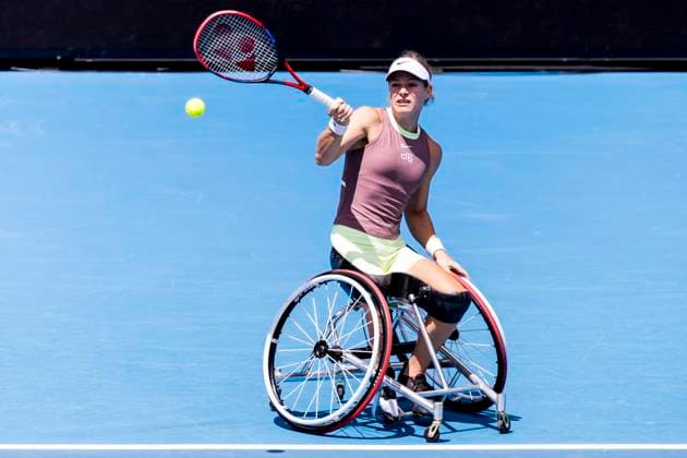 MELBOURNE, VIC - JANUARY 27: Diede se Grout of the Netherlands in action during the finals of the wheelchair event in the 2024 Australian Open on January 27 2024, at Melbourne Park in Melbourne, Australia. (Photo by Jason Heidrich Icon Sportswire) TENNIS: JAN 27 Australian Open EDITORIAL USE ONLY Icon240127006