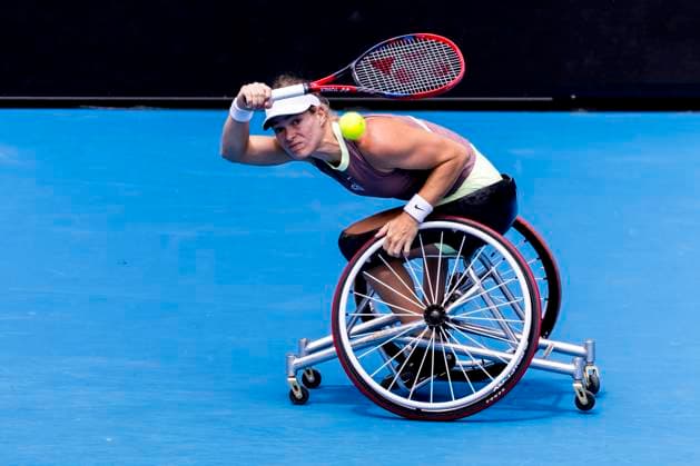MELBOURNE, VIC - JANUARY 27: Diede se Grout of the Netherlands in action during the finals of the wheelchair event in the 2024 Australian Open on January 27 2024, at Melbourne Park in Melbourne, Australia. (Photo by Jason Heidrich Icon Sportswire) TENNIS: JAN 27 Australian Open EDITORIAL USE ONLY Icon240127008