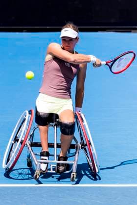 MELBOURNE, VIC - JANUARY 27: Diede se Grout of the Netherlands in action during the finals of the wheelchair event in the 2024 Australian Open on January 27 2024, at Melbourne Park in Melbourne, Australia. (Photo by Jason Heidrich Icon Sportswire) TENNIS: JAN 27 Australian Open EDITORIAL USE ONLY Icon240127010