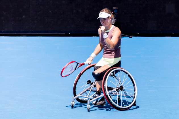 MELBOURNE, VIC - JANUARY 27: Diede se Grout of the Netherlands celebrates during the finals of the wheelchair event in the 2024 Australian Open on January 27 2024, at Melbourne Park in Melbourne, Australia. (Photo by Jason Heidrich Icon Sportswire) TENNIS: JAN 27 Australian Open EDITORIAL USE ONLY Icon240127011