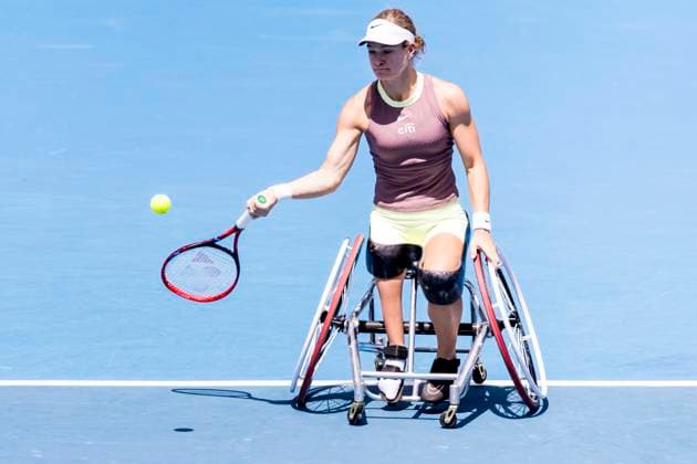 MELBOURNE, VIC - JANUARY 27: Diede se Grout of the Netherlands in action during the finals of the wheelchair event in the 2024 Australian Open on January 27 2024, at Melbourne Park in Melbourne, Australia. (Photo by Jason Heidrich Icon Sportswire) TENNIS: JAN 27 Australian Open EDITORIAL USE ONLY Icon240127013