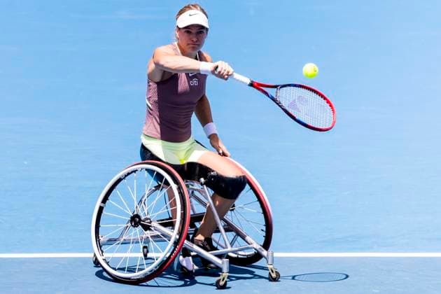 MELBOURNE, VIC - JANUARY 27: Diede se Grout of the Netherlands in action during the finals of the wheelchair event in the 2024 Australian Open on January 27 2024, at Melbourne Park in Melbourne, Australia. (Photo by Jason Heidrich Icon Sportswire) TENNIS: JAN 27 Australian Open EDITORIAL USE ONLY Icon240127014