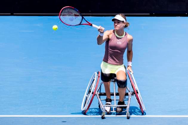 MELBOURNE, VIC - JANUARY 27: Diede se Grout of the Netherlands in action during the finals of the wheelchair event in the 2024 Australian Open on January 27 2024, at Melbourne Park in Melbourne, Australia. (Photo by Jason Heidrich Icon Sportswire) TENNIS: JAN 27 Australian Open EDITORIAL USE ONLY Icon240127015