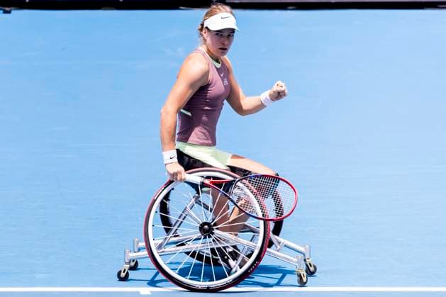 MELBOURNE, VIC - JANUARY 27: Diede se Grout of the Netherlands celebrates during the finals of the wheelchair event in the 2024 Australian Open on January 27 2024, at Melbourne Park in Melbourne, Australia. (Photo by Jason Heidrich Icon Sportswire) TENNIS: JAN 27 Australian Open EDITORIAL USE ONLY Icon240127016