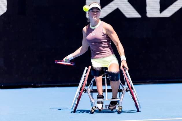 MELBOURNE, VIC - JANUARY 27: Diede se Grout of the Netherlands in action during the finals of the wheelchair event in the 2024 Australian Open on January 27 2024, at Melbourne Park in Melbourne, Australia. (Photo by Jason Heidrich Icon Sportswire) TENNIS: JAN 27 Australian Open EDITORIAL USE ONLY Icon240127017