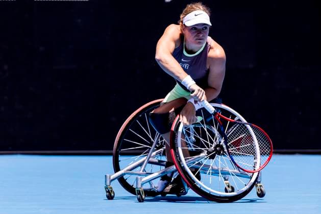 MELBOURNE, VIC - JANUARY 27: Diede se Grout of the Netherlands in action during the finals of the wheelchair event in the 2024 Australian Open on January 27 2024, at Melbourne Park in Melbourne, Australia. (Photo by Jason Heidrich Icon Sportswire) TENNIS: JAN 27 Australian Open EDITORIAL USE ONLY Icon240127019