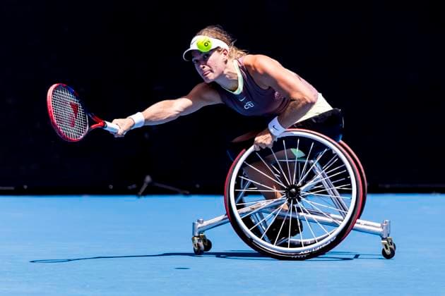 MELBOURNE, VIC - JANUARY 27: Diede se Grout of the Netherlands in action during the finals of the wheelchair event in the 2024 Australian Open on January 27 2024, at Melbourne Park in Melbourne, Australia. (Photo by Jason Heidrich Icon Sportswire) TENNIS: JAN 27 Australian Open EDITORIAL USE ONLY Icon240127020