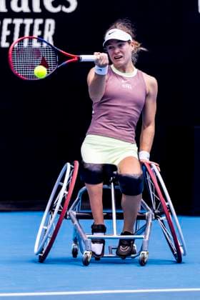 MELBOURNE, VIC - JANUARY 27: Diede se Grout of the Netherlands in action during the finals of the wheelchair event in the 2024 Australian Open on January 27 2024, at Melbourne Park in Melbourne, Australia. (Photo by Jason Heidrich Icon Sportswire) TENNIS: JAN 27 Australian Open EDITORIAL USE ONLY Icon240127023
