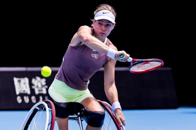 MELBOURNE, VIC - JANUARY 27: Diede se Grout of the Netherlands in action during the finals of the wheelchair event in the 2024 Australian Open on January 27 2024, at Melbourne Park in Melbourne, Australia. (Photo by Jason Heidrich Icon Sportswire) TENNIS: JAN 27 Australian Open EDITORIAL USE ONLY Icon240127025