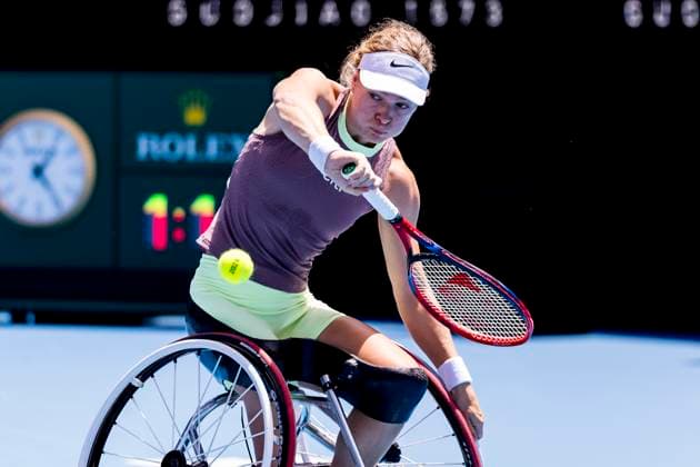 MELBOURNE, VIC - JANUARY 27: Diede se Grout of the Netherlands in action during the finals of the wheelchair event in the 2024 Australian Open on January 27 2024, at Melbourne Park in Melbourne, Australia. (Photo by Jason Heidrich Icon Sportswire) TENNIS: JAN 27 Australian Open EDITORIAL USE ONLY Icon240127026