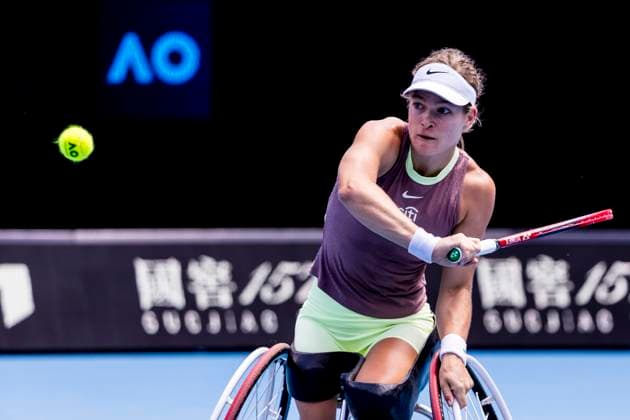 MELBOURNE, VIC - JANUARY 27: Diede se Grout of the Netherlands in action during the finals of the wheelchair event in the 2024 Australian Open on January 27 2024, at Melbourne Park in Melbourne, Australia. (Photo by Jason Heidrich Icon Sportswire) TENNIS: JAN 27 Australian Open EDITORIAL USE ONLY Icon240127027