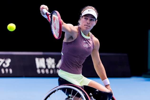 MELBOURNE, VIC - JANUARY 27: Diede se Grout of the Netherlands in action during the finals of the wheelchair event in the 2024 Australian Open on January 27 2024, at Melbourne Park in Melbourne, Australia. (Photo by Jason Heidrich Icon Sportswire) TENNIS: JAN 27 Australian Open EDITORIAL USE ONLY Icon240127028