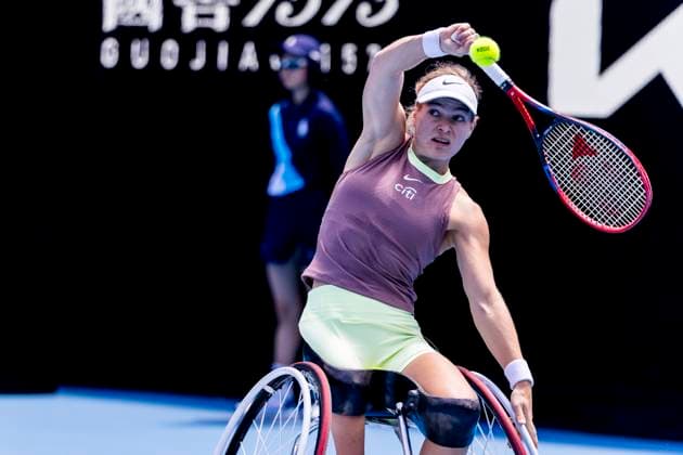 MELBOURNE, VIC - JANUARY 27: Diede se Grout of the Netherlands in action during the finals of the wheelchair event in the 2024 Australian Open on January 27 2024, at Melbourne Park in Melbourne, Australia. (Photo by Jason Heidrich Icon Sportswire) TENNIS: JAN 27 Australian Open EDITORIAL USE ONLY Icon240127029
