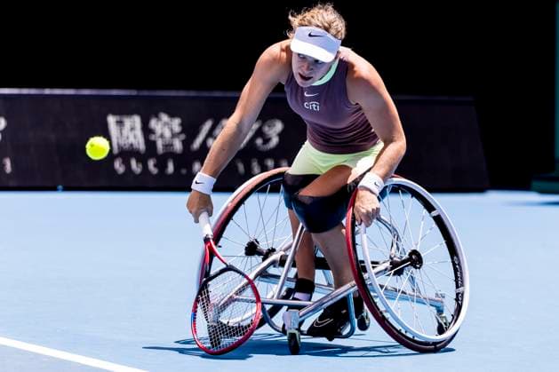 MELBOURNE, VIC - JANUARY 27: Diede se Grout of the Netherlands in action during the finals of the wheelchair event in the 2024 Australian Open on January 27 2024, at Melbourne Park in Melbourne, Australia. (Photo by Jason Heidrich Icon Sportswire) TENNIS: JAN 27 Australian Open EDITORIAL USE ONLY Icon240127030