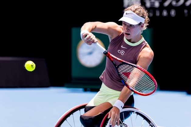 MELBOURNE, VIC - JANUARY 27: Diede se Grout of the Netherlands in action during the finals of the wheelchair event in the 2024 Australian Open on January 27 2024, at Melbourne Park in Melbourne, Australia. (Photo by Jason Heidrich Icon Sportswire) TENNIS: JAN 27 Australian Open EDITORIAL USE ONLY Icon240127031