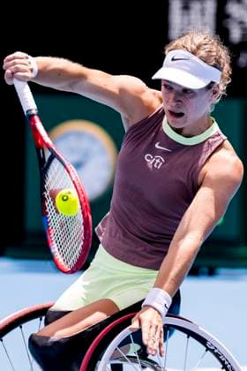 MELBOURNE, VIC - JANUARY 27: Diede se Grout of the Netherlands in action during the finals of the wheelchair event in the 2024 Australian Open on January 27 2024, at Melbourne Park in Melbourne, Australia. (Photo by Jason Heidrich Icon Sportswire) TENNIS: JAN 27 Australian Open EDITORIAL USE ONLY Icon240127032