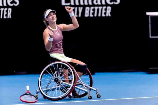 MELBOURNE, VIC - JANUARY 27: Diede se Grout of the Netherlands celebrates after winning her match during the finals of the wheelchair event in the 2024 Australian Open on January 27 2024, at Melbourne Park in Melbourne, Australia. (Photo by Jason Heidrich Icon Sportswire) TENNIS: JAN 27 Australian Open EDITORIAL USE ONLY Icon240127033