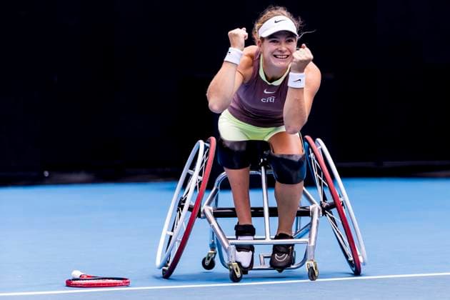 MELBOURNE, VIC - JANUARY 27: Diede se Grout of the Netherlands celebrates after winning her match during the finals of the wheelchair event in the 2024 Australian Open on January 27 2024, at Melbourne Park in Melbourne, Australia. (Photo by Jason Heidrich Icon Sportswire) TENNIS: JAN 27 Australian Open EDITORIAL USE ONLY Icon240127034
