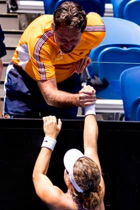 MELBOURNE, VIC - JANUARY 27: Diede se Grout of the Netherlands celebrates with her team in the stands after winning her match during the finals of the wheelchair event in the 2024 Australian Open on January 27 2024, at Melbourne Park in Melbourne, Australia. (Photo by Jason Heidrich Icon Sportswire) TENNIS: JAN 27 Australian Open EDITORIAL USE ONLY Icon240127038