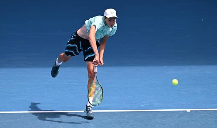TENNIS AUSTRALIAN OPEN, Jan Kumstat of Czech Republic in action during the junior boys singles final against Rei Sakamoto of Japan on Day 14 of the 2024 Australian Open at Melbourne Park in Melbourne, Saturday, January 27, 2024. ( NO ARCHIVING, EDITORIAL USE ONLY, NO USE IN BOOKS WITHOUT CONSENT MELBOURNE VICTORIA AUSTRALIA  Copyright: xJOELxCARRETTx 20240127001894174015