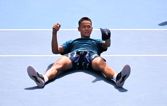 TENNIS AUSTRALIAN OPEN, Rei Sakamoto of Japan reacts after winning the junior boys singles final against Jan Kumstat of Czech Republic on Day 14 of the 2024 Australian Open at Melbourne Park in Melbourne, Saturday, January 27, 2024. ( NO ARCHIVING, EDITORIAL USE ONLY, NO USE IN BOOKS WITHOUT CONSENT MELBOURNE VICTORIA AUSTRALIA  Copyright: xJOELxCARRETTx 20240127001894174573