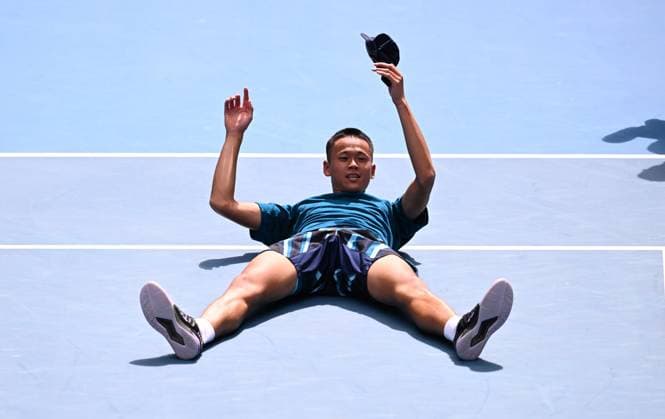 TENNIS AUSTRALIAN OPEN, Rei Sakamoto of Japan reacts after winning the junior boys singles final against Jan Kumstat of Czech Republic on Day 14 of the 2024 Australian Open at Melbourne Park in Melbourne, Saturday, January 27, 2024. ( NO ARCHIVING, EDITORIAL USE ONLY, NO USE IN BOOKS WITHOUT CONSENT MELBOURNE VICTORIA AUSTRALIA  Copyright: xJOELxCARRETTx 20240127001894174804