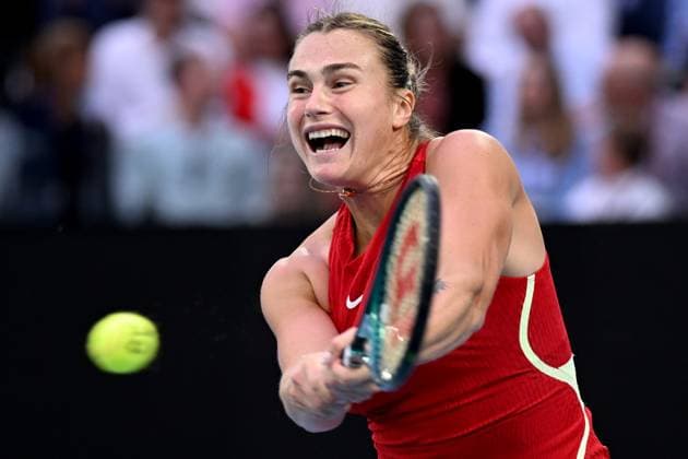 TENNIS AUSTRALIAN OPEN, Aryna Sabalenka of Belarus in action during her Women?s Singles Final against Qinwen Zheng of China on Rod Laver Arena on Day 14 of the 2024 Australian Open at Melbourne Park in Melbourne, Thursday, January 25, 2024. ( NO ARCHIVING, EDITORIAL USE ONLY, NO USE IN BOOKS WITHOUT CONSENT MELBOURNE VICTORIA AUSTRALIA  Copyright: xJOELxCARRETTx 20240127001894212579