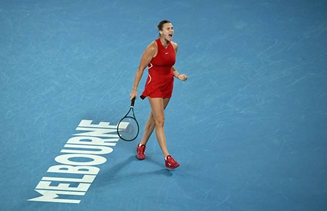 TENNIS AUSTRALIAN OPEN, Aryna Sabalenka of Belarus celebrates before winning the Women?s Singles Final against Qinwen Zheng of China on Rod Laver Arena on Day 14 of the 2024 Australian Open at Melbourne Park in Melbourne, Thursday, January 25, 2024. ( NO ARCHIVING, EDITORIAL USE ONLY, NO USE IN BOOKS WITHOUT CONSENT MELBOURNE VICTORIA AUSTRALIA  Copyright: xJAMESxROSSx 20240127001894229366