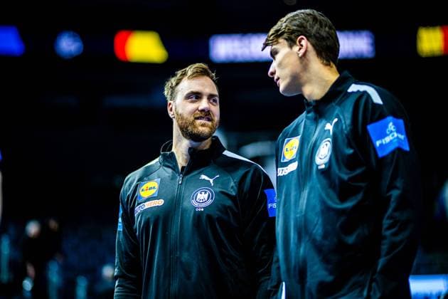 Handball I Men I Euro 2024 I Mediacall I Germany I 27 01 2024 Andreas Wolff 33, Germany and Julian Köster 18, Germany Copyright: xRohdiamant Krausex
