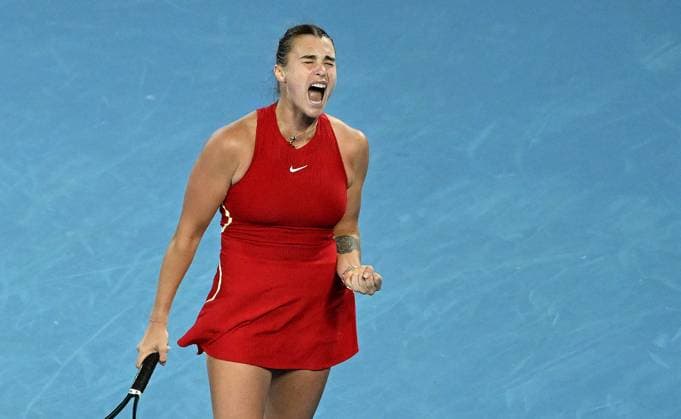 TENNIS AUSTRALIAN OPEN, Aryna Sabalenka of Belarus celebrates before winning the Women?s Singles Final against Qinwen Zheng of China on Rod Laver Arena on Day 14 of the 2024 Australian Open at Melbourne Park in Melbourne, Thursday, January 25, 2024. ( NO ARCHIVING, EDITORIAL USE ONLY, NO USE IN BOOKS WITHOUT CONSENT MELBOURNE VICTORIA AUSTRALIA  Copyright: xJAMESxROSSx 20240127001894231760