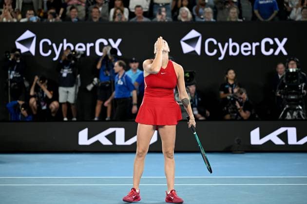 TENNIS AUSTRALIAN OPEN, Aryna Sabalenka of Belarus celebrates during her Women?s Singles Final win over Qinwen Zheng of China on Rod Laver Arena on Day 14 of the 2024 Australian Open at Melbourne Park in Melbourne, Thursday, January 25, 2024. ( NO ARCHIVING, EDITORIAL USE ONLY, NO USE IN BOOKS WITHOUT CONSENT MELBOURNE VICTORIA AUSTRALIA  Copyright: xJOELxCARRETTx 20240127001894230517