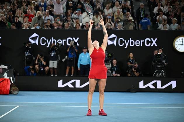 TENNIS AUSTRALIAN OPEN, Aryna Sabalenka of Belarus celebrates match point during her Women?s Singles Final win over Qinwen Zheng of China on Rod Laver Arena on Day 14 of the 2024 Australian Open at Melbourne Park in Melbourne, Thursday, January 25, 2024. ( NO ARCHIVING, EDITORIAL USE ONLY, NO USE IN BOOKS WITHOUT CONSENT MELBOURNE VICTORIA AUSTRALIA  Copyright: xJOELxCARRETTx 20240127001894231809