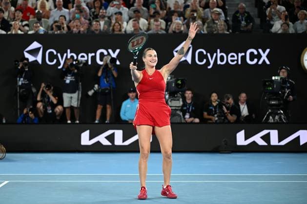 TENNIS AUSTRALIAN OPEN, Aryna Sabalenka of Belarus celebrates during her Women?s Singles Final win over Qinwen Zheng of China on Rod Laver Arena on Day 14 of the 2024 Australian Open at Melbourne Park in Melbourne, Thursday, January 25, 2024. ( NO ARCHIVING, EDITORIAL USE ONLY, NO USE IN BOOKS WITHOUT CONSENT MELBOURNE VICTORIA AUSTRALIA  Copyright: xJOELxCARRETTx 20240127001894232828
