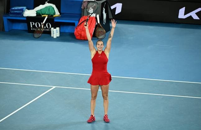 TENNIS AUSTRALIAN OPEN, Aryna Sabalenka of Belarus reacts after winning the Women?s Singles Final against Qinwen Zheng of China on Rod Laver Arena on Day 14 of the 2024 Australian Open at Melbourne Park in Melbourne, Thursday, January 25, 2024. ( NO ARCHIVING, EDITORIAL USE ONLY, NO USE IN BOOKS WITHOUT CONSENT MELBOURNE VICTORIA AUSTRALIA  Copyright: xJAMESxROSSx 20240127001894232626