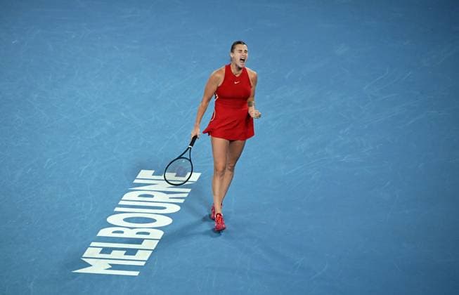 TENNIS AUSTRALIAN OPEN, Aryna Sabalenka of Belarus celebrates before winning the Women?s Singles Final against Qinwen Zheng of China on Rod Laver Arena on Day 14 of the 2024 Australian Open at Melbourne Park in Melbourne, Thursday, January 25, 2024. ( NO ARCHIVING, EDITORIAL USE ONLY, NO USE IN BOOKS WITHOUT CONSENT MELBOURNE VICTORIA AUSTRALIA  Copyright: xJAMESxROSSx 20240127001894233917