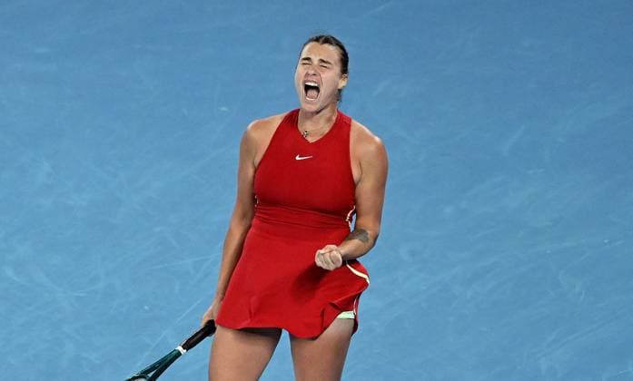 TENNIS AUSTRALIAN OPEN, Aryna Sabalenka of Belarus celebrates before winning the Women?s Singles Final against Qinwen Zheng of China on Rod Laver Arena on Day 14 of the 2024 Australian Open at Melbourne Park in Melbourne, Thursday, January 25, 2024. ( NO ARCHIVING, EDITORIAL USE ONLY, NO USE IN BOOKS WITHOUT CONSENT MELBOURNE VICTORIA AUSTRALIA  Copyright: xJAMESxROSSx 20240127001894237192