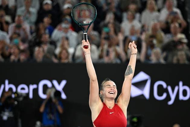 TENNIS AUSTRALIAN OPEN, Aryna Sabalenka of Belarus celebrates following her Women?s Singles Final win over Qinwen Zheng of China on Rod Laver Arena on Day 14 of the 2024 Australian Open at Melbourne Park in Melbourne, Thursday, January 25, 2024. ( NO ARCHIVING, EDITORIAL USE ONLY, NO USE IN BOOKS WITHOUT CONSENT MELBOURNE VICTORIA AUSTRALIA  Copyright: xJOELxCARRETTx 20240127001894237379
