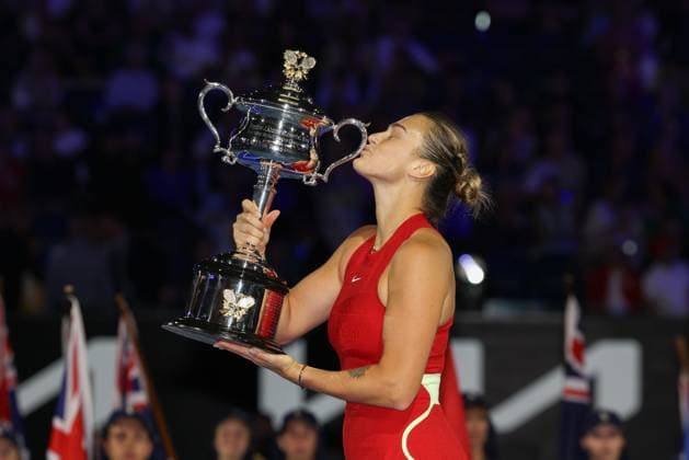 January 27, 2024: 2nd seed ARYNA SABALENKA of Belarus poses with the Daphne Akhurst Memorial Cup after winning the WomenÃ¢â‚¬â ¢s Singles Final match against 12th seed QINWEN ZHENG of China on day 14 of the 2024 Australian Open in Melbourne Australia. Cal Media USA - ZUMAc04_ 20240127_faf_c04_001 Copyright: xSydneyxLowx