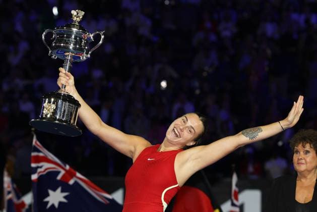 January 27, 2024: 2nd seed ARYNA SABALENKA of Belarus poses with the Daphne Akhurst Memorial Cup after winning the WomenÃ¢â‚¬â ¢s Singles Final match against 12th seed QINWEN ZHENG of China on day 14 of the 2024 Australian Open in Melbourne Australia. Cal Media USA - ZUMAc04_ 20240127_faf_c04_005 Copyright: xSydneyxLowx