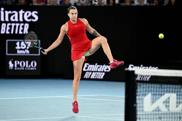 TENNIS AUSTRALIAN OPEN, Aryna Sabalenka of Belarus kicks the ball over the net during her Women?s Singles Final against Qinwen Zheng of China on Rod Laver Arena on Day 14 of the 2024 Australian Open at Melbourne Park in Melbourne, Thursday, January 25, 2024. ( NO ARCHIVING, EDITORIAL USE ONLY, NO USE IN BOOKS WITHOUT CONSENT MELBOURNE VICTORIA AUSTRALIA  Copyright: xJOELxCARRETTx 20240127001894249858