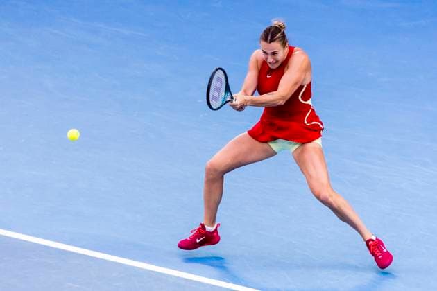 MELBOURNE, VIC - JANUARY 27: Aryna Sabalenka of Belarus in action during the finals of the 2024 Australian Open on January 27 2024, at Melbourne Park in Melbourne, Australia. (Photo by Jason Heidrich Icon Sportswire) TENNIS: JAN 27 Australian Open EDITORIAL USE ONLY Icon240127192
