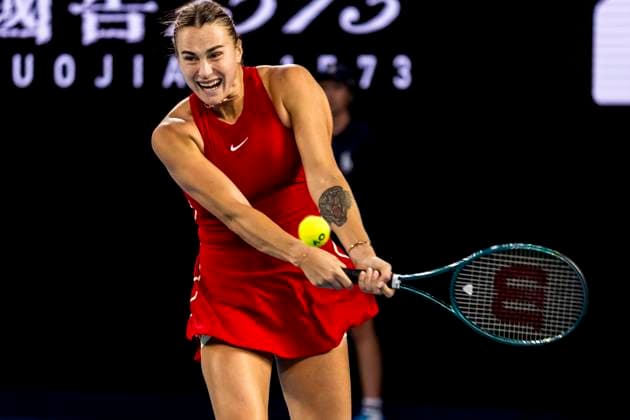 MELBOURNE, VIC - JANUARY 27: Aryna Sabalenka of Belarus in action during the finals of the 2024 Australian Open on January 27 2024, at Melbourne Park in Melbourne, Australia. (Photo by Jason Heidrich Icon Sportswire) TENNIS: JAN 27 Australian Open EDITORIAL USE ONLY Icon240127211