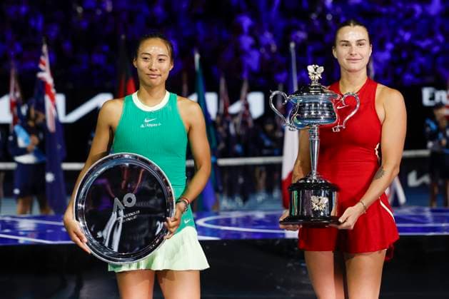 Aryna Sabalenka and finalist Qinwen Zheng with trophy, trophy, womens singles, award ceremony, presentation, Australian Open 2024, Melbourne Park, Melbourne, Victoria, Australia Copyright: xJuergenxHasenkopfx