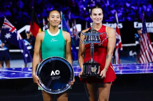 Aryna Sabalenka and finalist Qinwen Zheng with trophy, trophy, womens singles, award ceremony, presentation, Australian Open 2024, Melbourne Park, Melbourne, Victoria, Australia Copyright: xJuergenxHasenkopfx